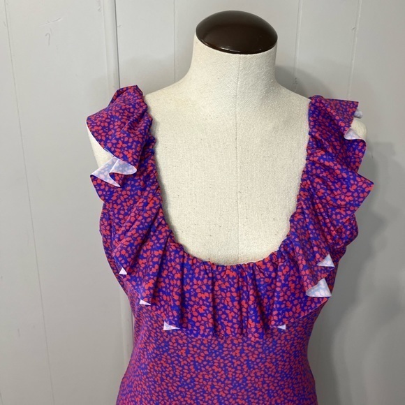 J.Crew one piece ruffle low back blue with small red leaf pattern size 8 - Picture 3 of 12